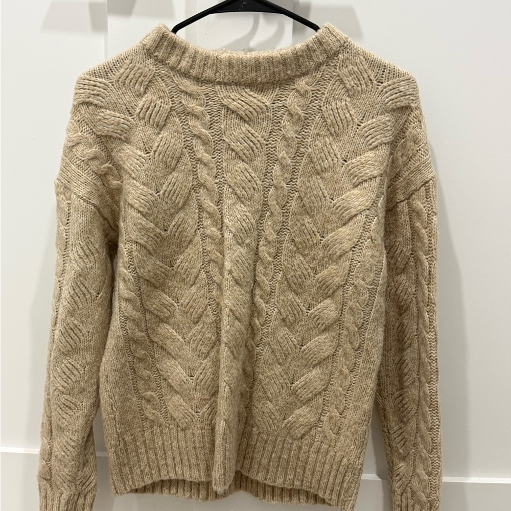 Beige Cable Knit Turtleneck Sweater